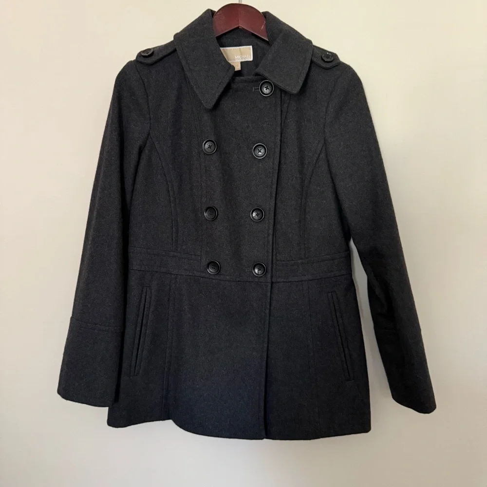 Classic Charcoal Double-Breasted Women's Coat with Military type details. Size S
